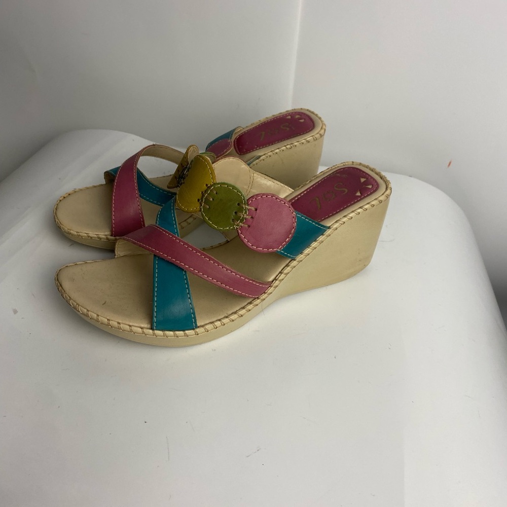 90’s Multi Coloured Slip On Wedge Sandals  Maybe made in Brazil!! Sz 37